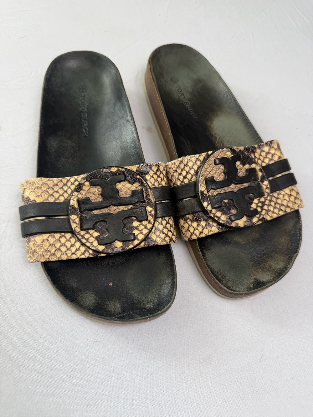 Tory Burch Leigh Slide Sandals anatomic Black and Brown Snake Print size 8